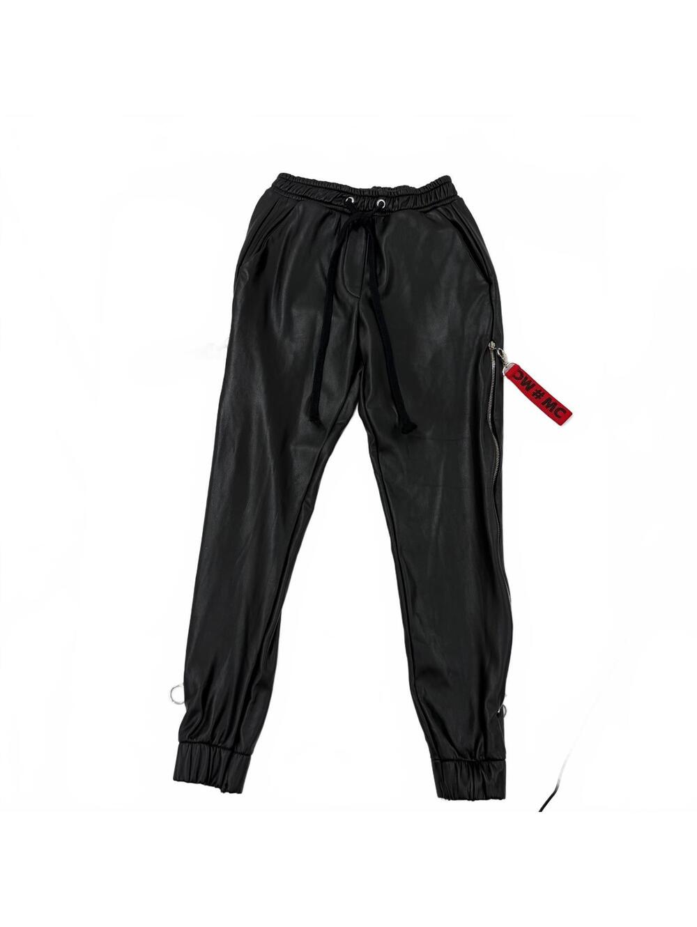 Miss City Women's Black Faux Leather Jogger Pants - Zipper Details Size Medium